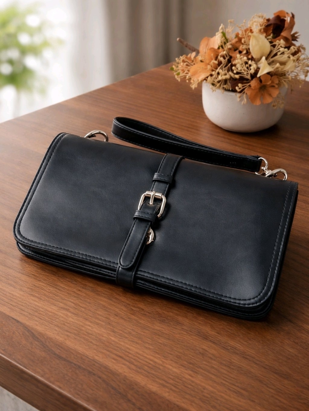 Charming Charlie Elegant Black Leather Clutch By With Detachable Crossbody Strap